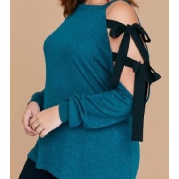 Lane Bryant Cold Shoulder Turquoise Plus Size 18 Sweater Black Ribbon Accent - Picture 1 of 8